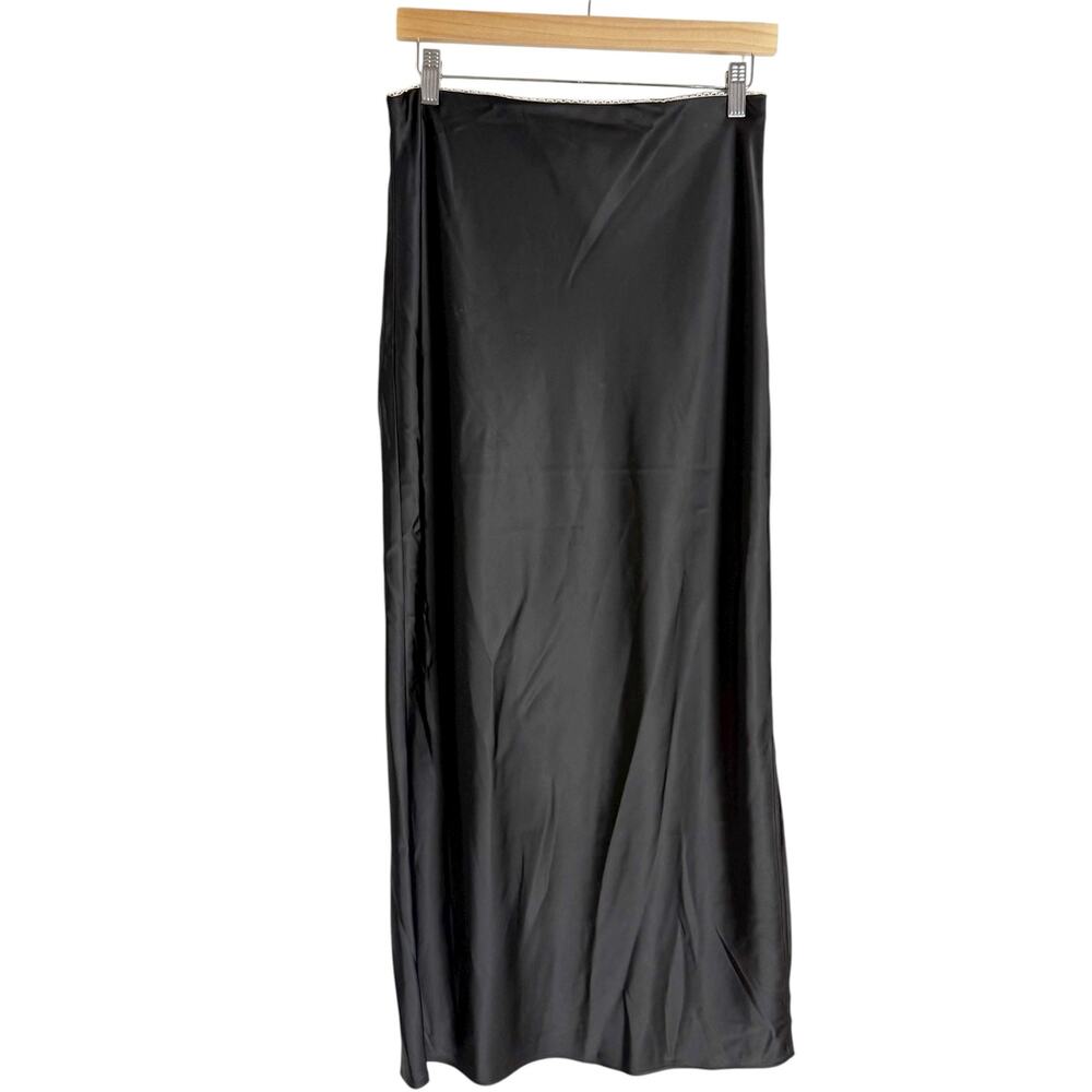House of Harlow 1960 Revolve Solid Black Satin Maxi Bias Slip Skirt Size Medium